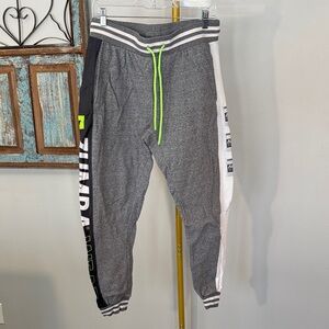Zumba Fitness Gray Joggers with Neon Green Drawstring & Black/White Side Panels